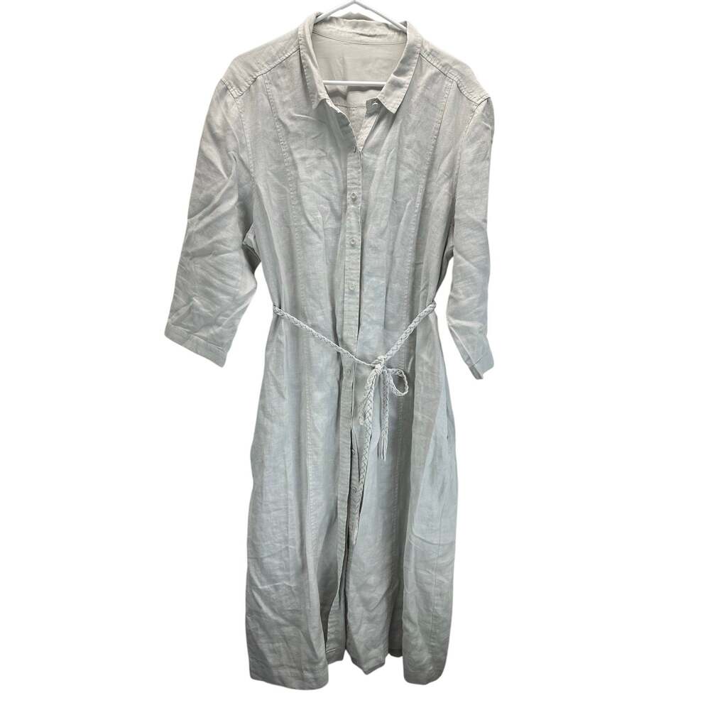Poetry Linen Midi Button Front Shirt Dress Braided Belt Pockets White 18